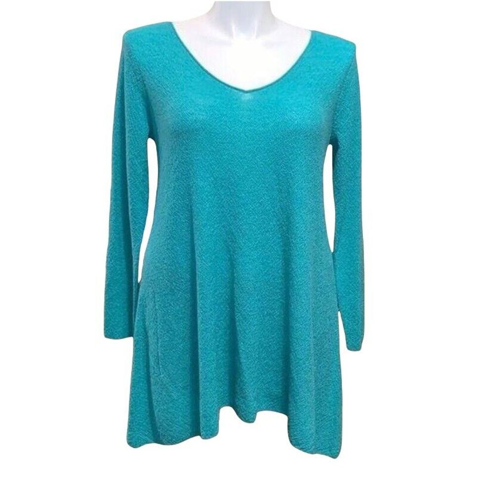 Eileen Fisher Womens Sweater Wool Pullover V Neck Asymmetrical Teal Green Large
